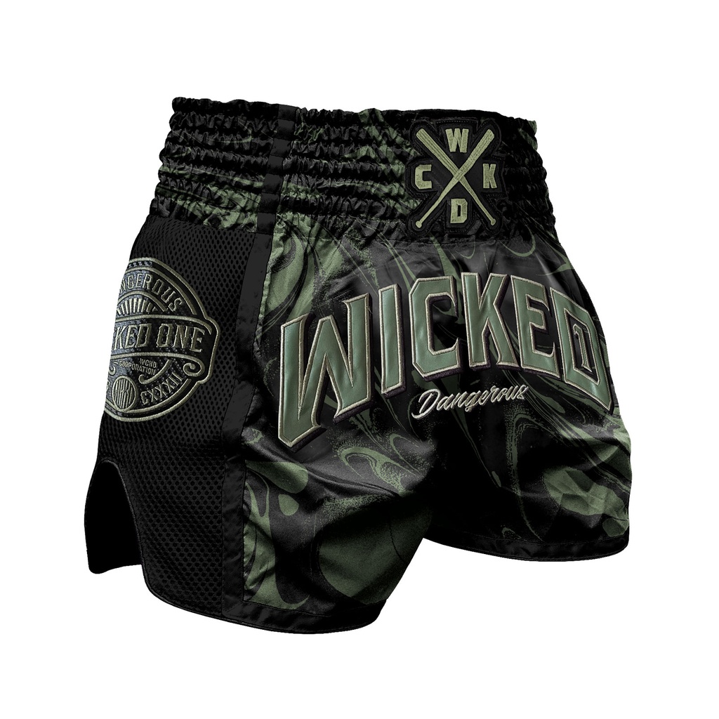 SALE 404 Wicked One Muay Thai Shorts Dangerous, Khaki-Schwarz