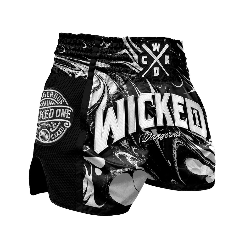SALE 405 Wicked One Muay Thai Shorts Dangerous, Schwarz-Weiss